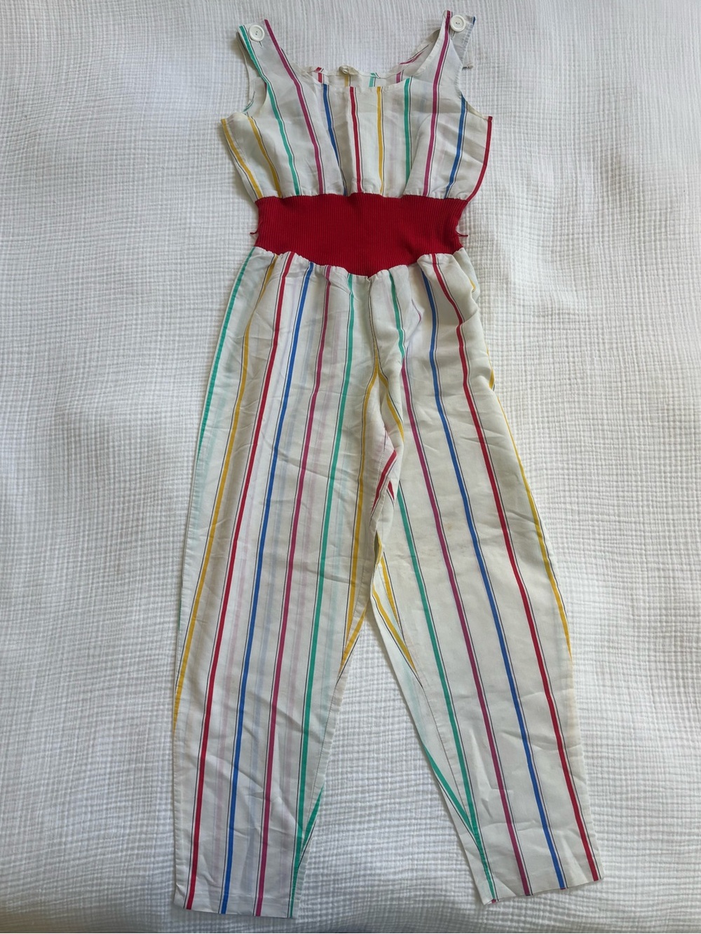 Vintage Romper with Rainbow Multicolor Stripes with Red Waistband